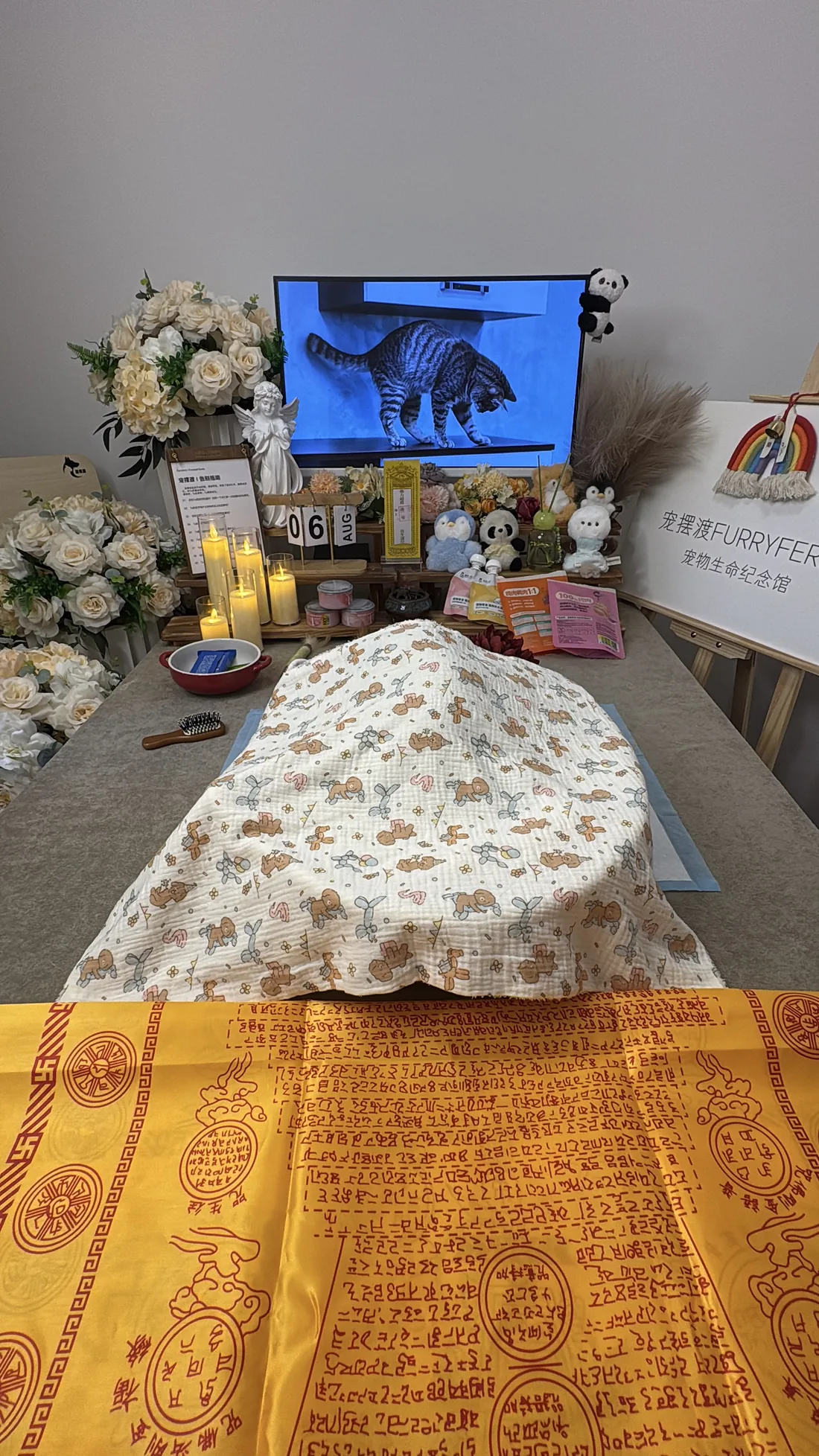柳州宠物告别仪式中的鲜花与纪念照片